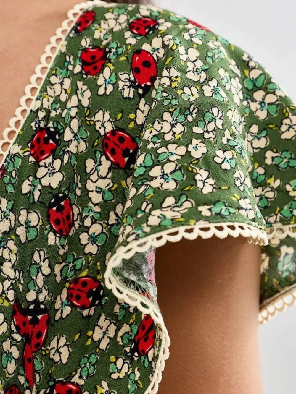 Free People Green Floral Tie-Waist V-Neck Dress with lady bugs - Picture 2 of 5